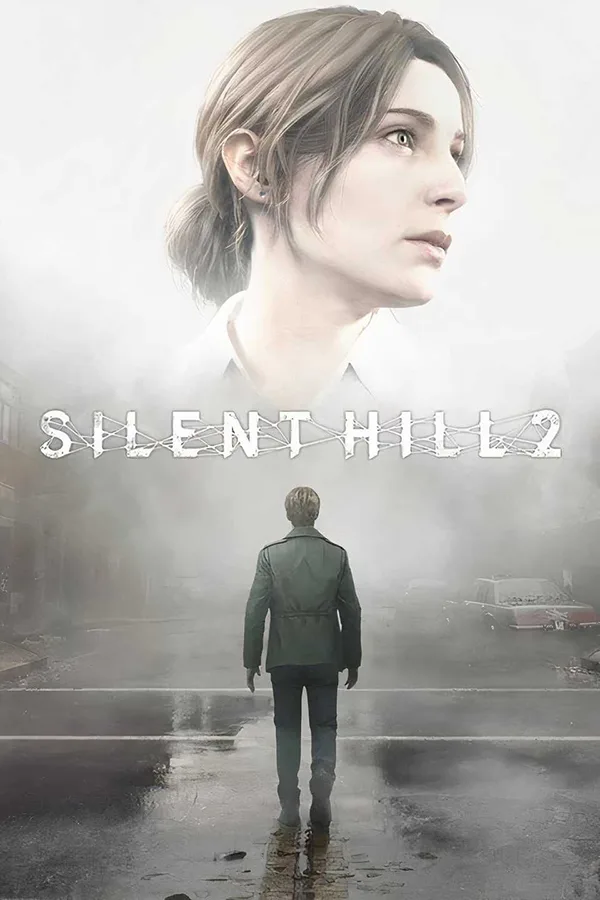 Silent Hill 2 remake poster featuring a woman’s face above a lone man