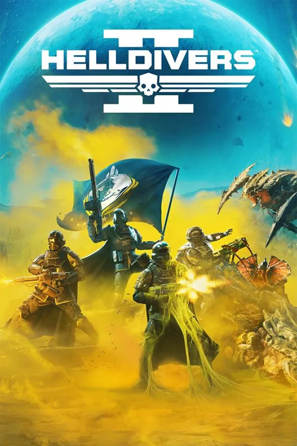 Helldivers 2 poster showing soldiers beneath a blue planet