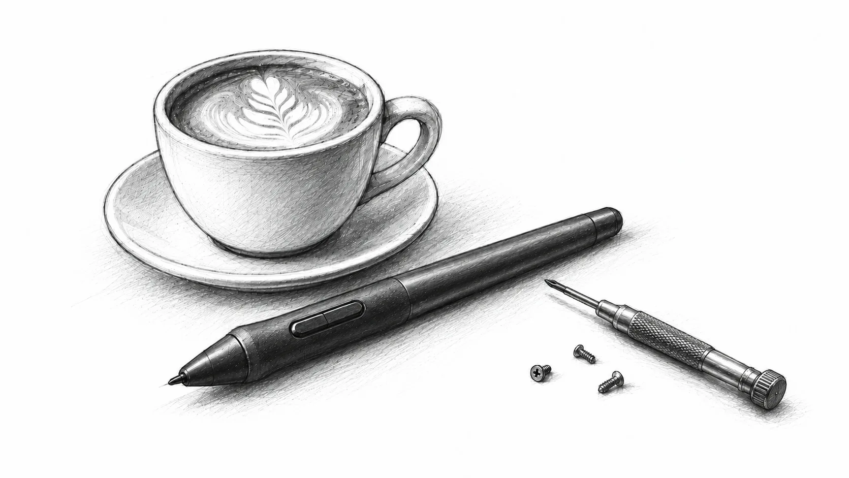 Pencil illustration of a flat white coffee, digital stylus and precision screwdriver beside the Motion Grinder Today milestone