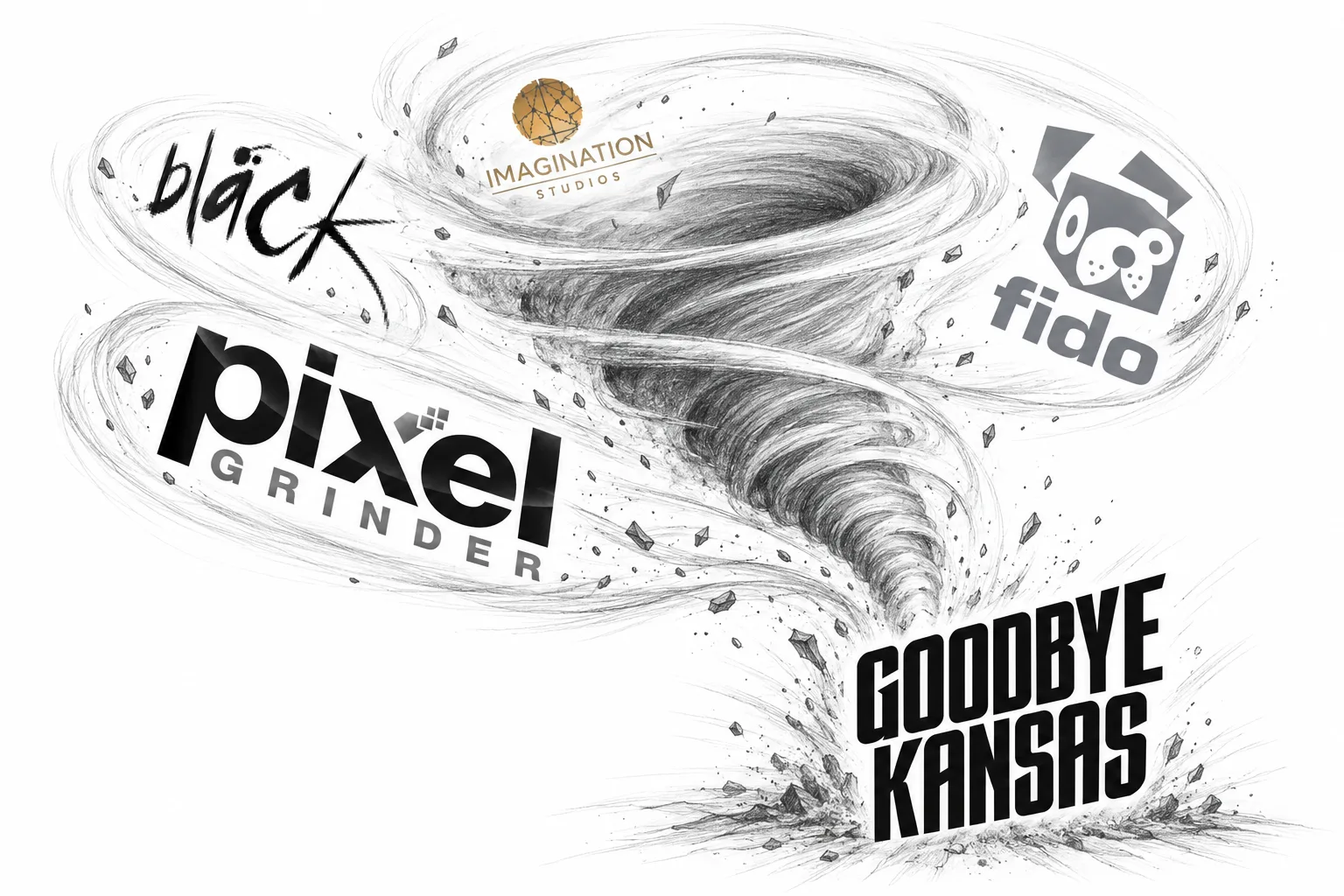 Illustration of Pixel Grinder, Bläck, Imagination Studios and Fido joining to form Goodbye Kansas Studios in 2017