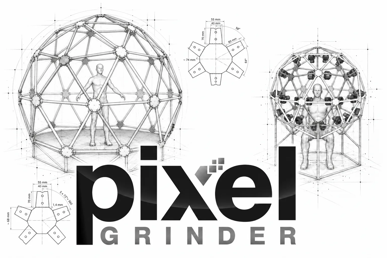 Pixel Grinder logo with technical drawings of full-body and facial scanning rigs