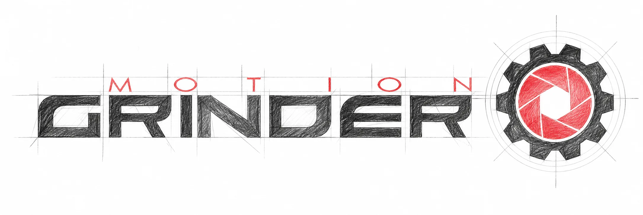 Pencil drawing of the original Motion Grinder logo with its red camera aperture and black gear emblem